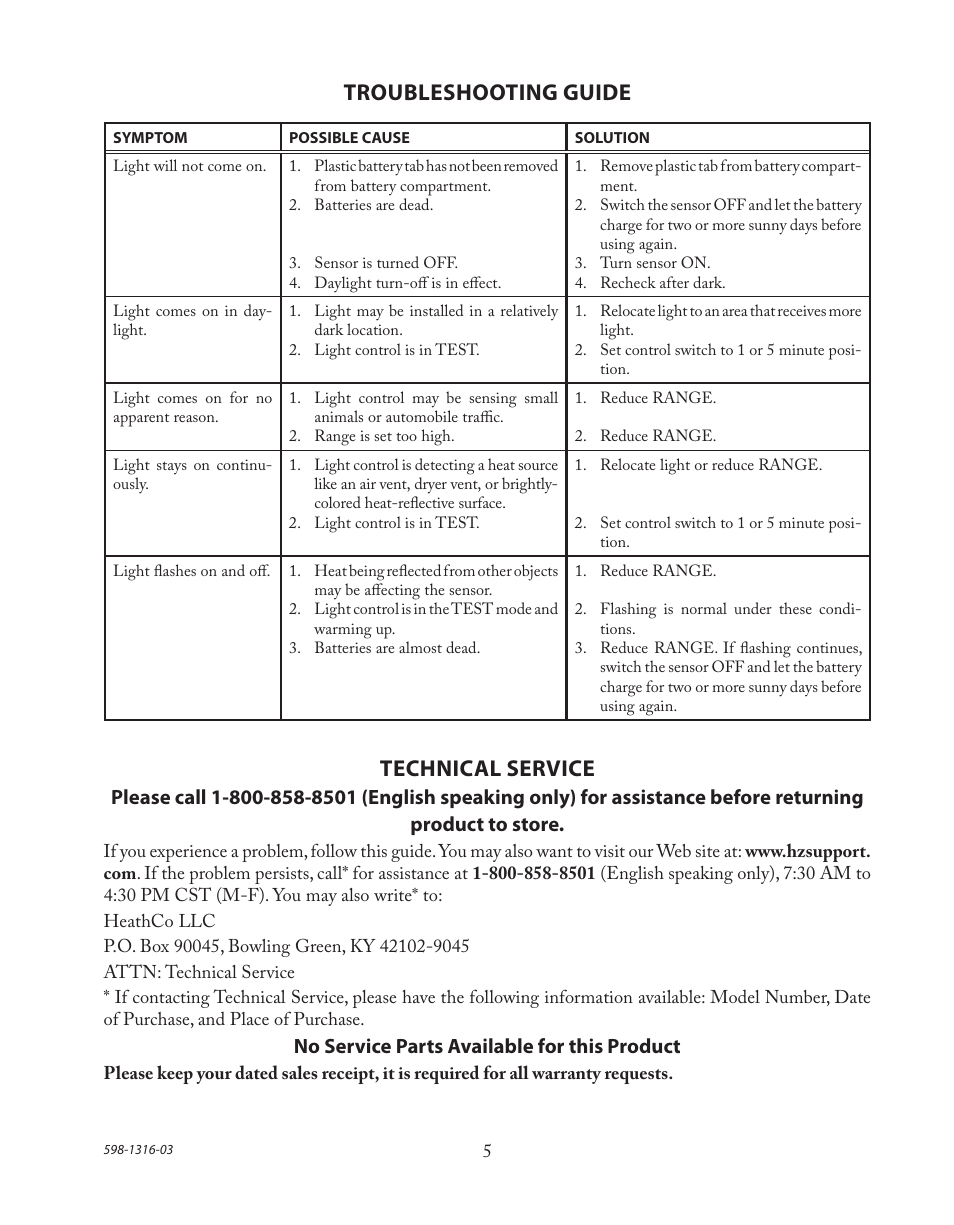 Troubleshooting guide, Technical service | Heath Zenith Solar Powered Motion Sensor Light SL-7210 User Manual | Page 5 / 20