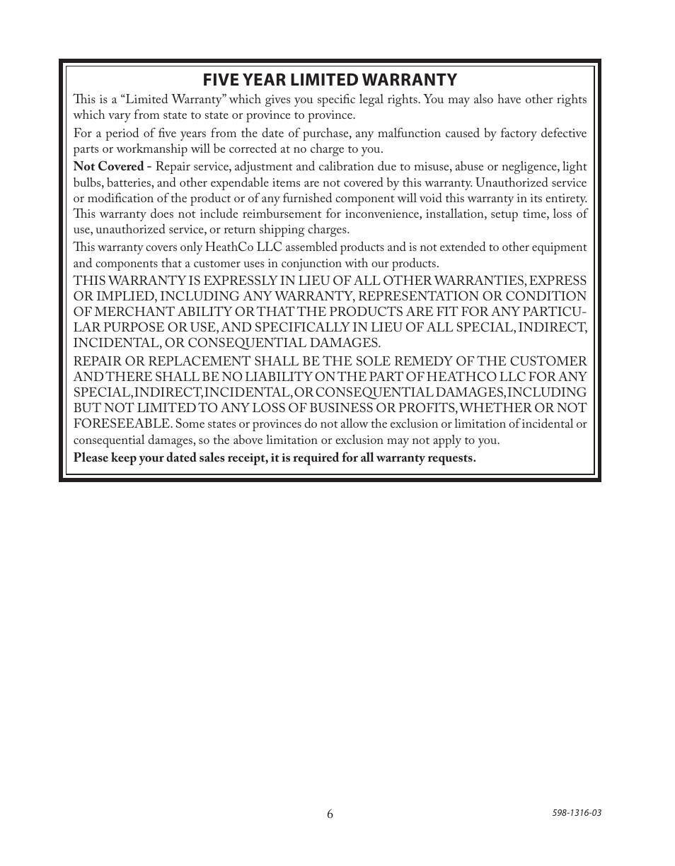 Five year limited warranty | Heath Zenith Solar Powered Motion Sensor Light SL-7210 User Manual | Page 6 / 20