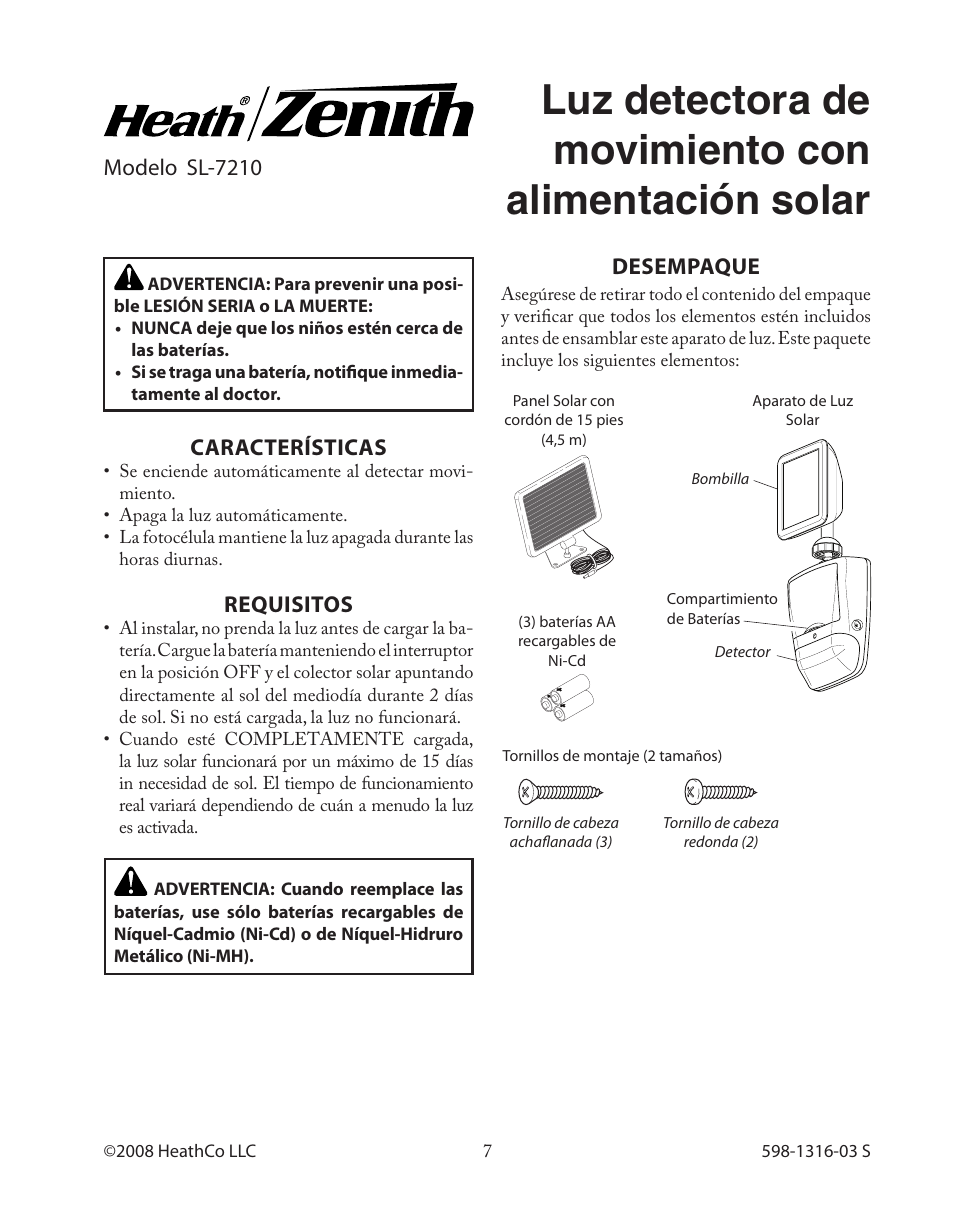 Luz detectora de movimiento con alimentación solar, Características, Desempaque | Requisitos, Modelo sl-7210 | Heath Zenith Solar Powered Motion Sensor Light SL-7210 User Manual | Page 7 / 20