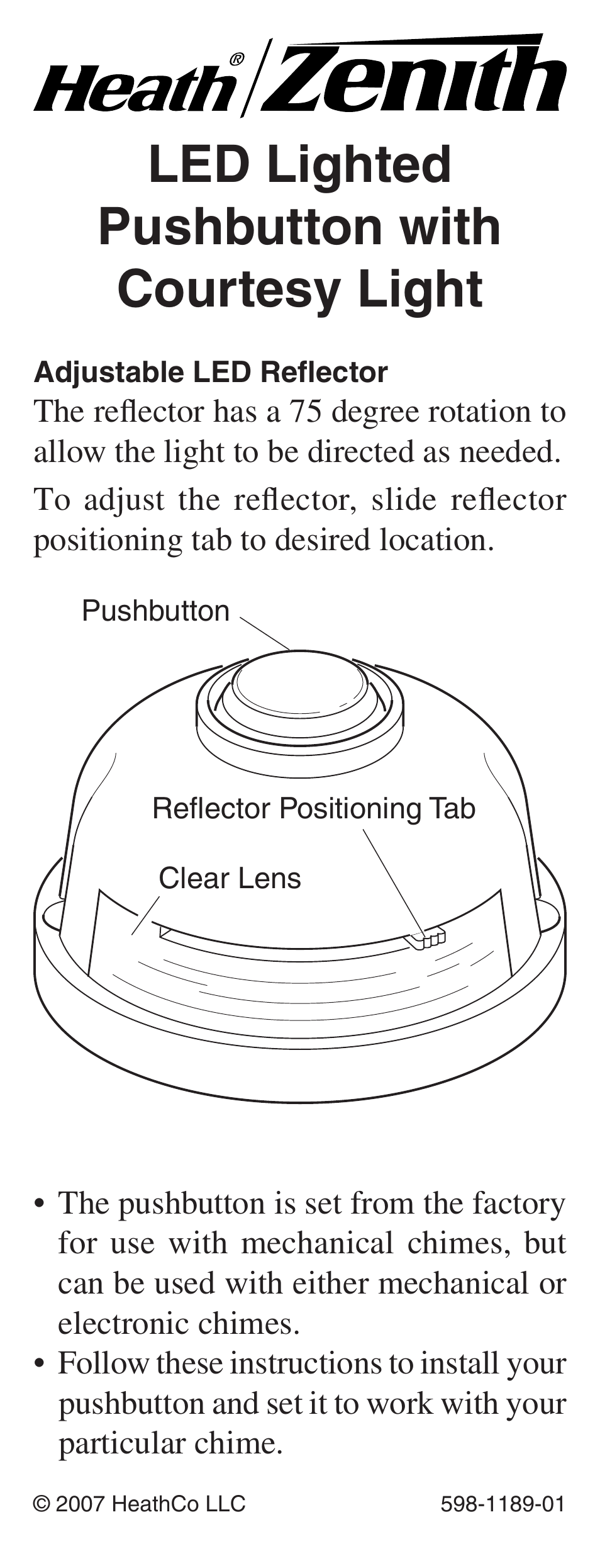 Heath Zenith LED Lighted Pushbutton with Courtesy Light 598-1189-01 User Manual | 20 pages