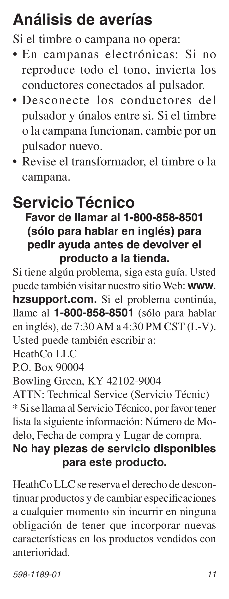 Análisis de averías, Servicio técnico | Heath Zenith LED Lighted Pushbutton with Courtesy Light 598-1189-01 User Manual | Page 11 / 20