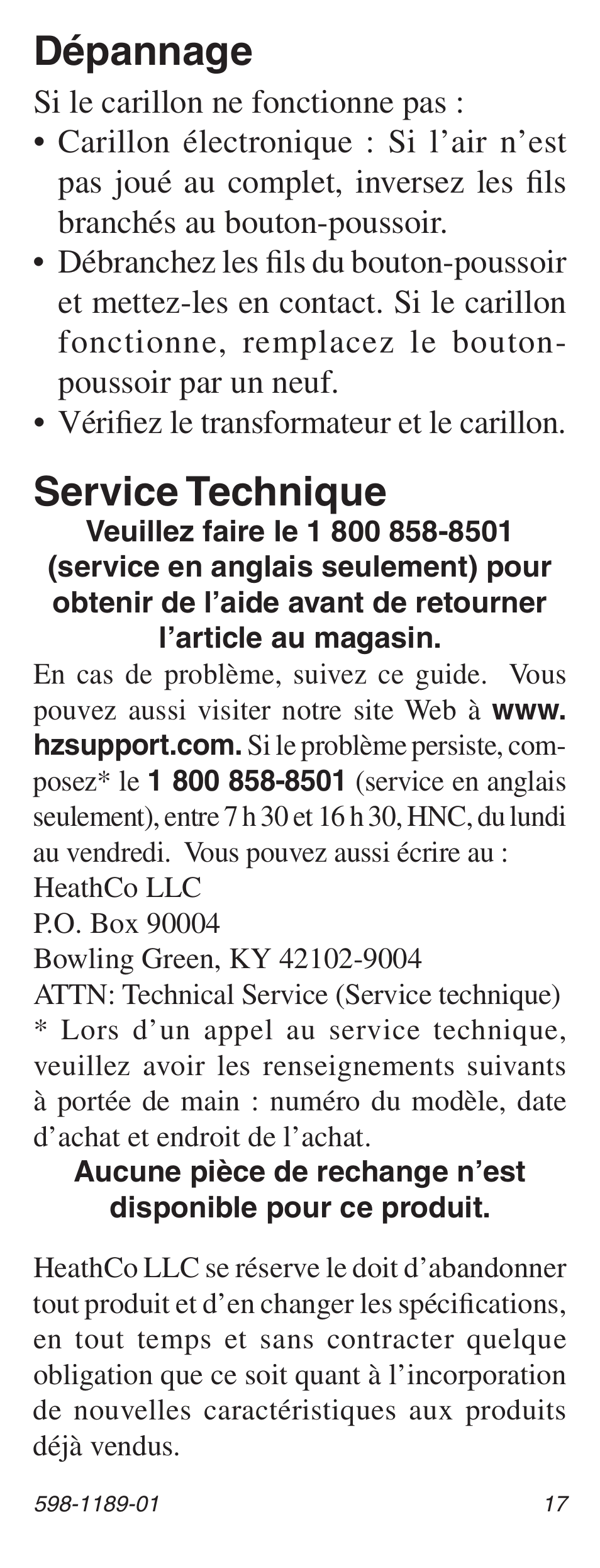 Dépannage, Service technique | Heath Zenith LED Lighted Pushbutton with Courtesy Light 598-1189-01 User Manual | Page 17 / 20