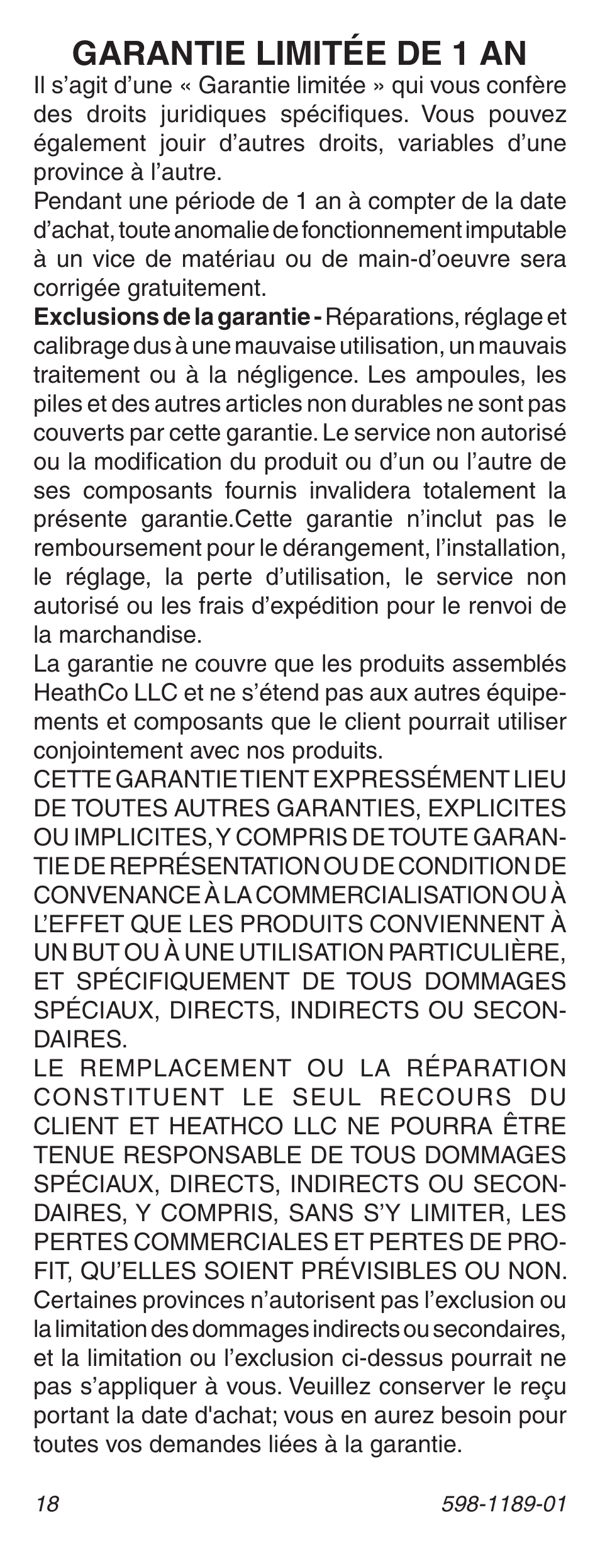 Garantie limitée de 1 an | Heath Zenith LED Lighted Pushbutton with Courtesy Light 598-1189-01 User Manual | Page 18 / 20