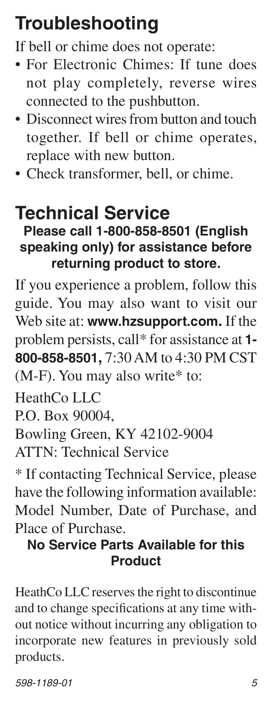Troubleshooting, Technical service | Heath Zenith LED Lighted Pushbutton with Courtesy Light 598-1189-01 User Manual | Page 5 / 20
