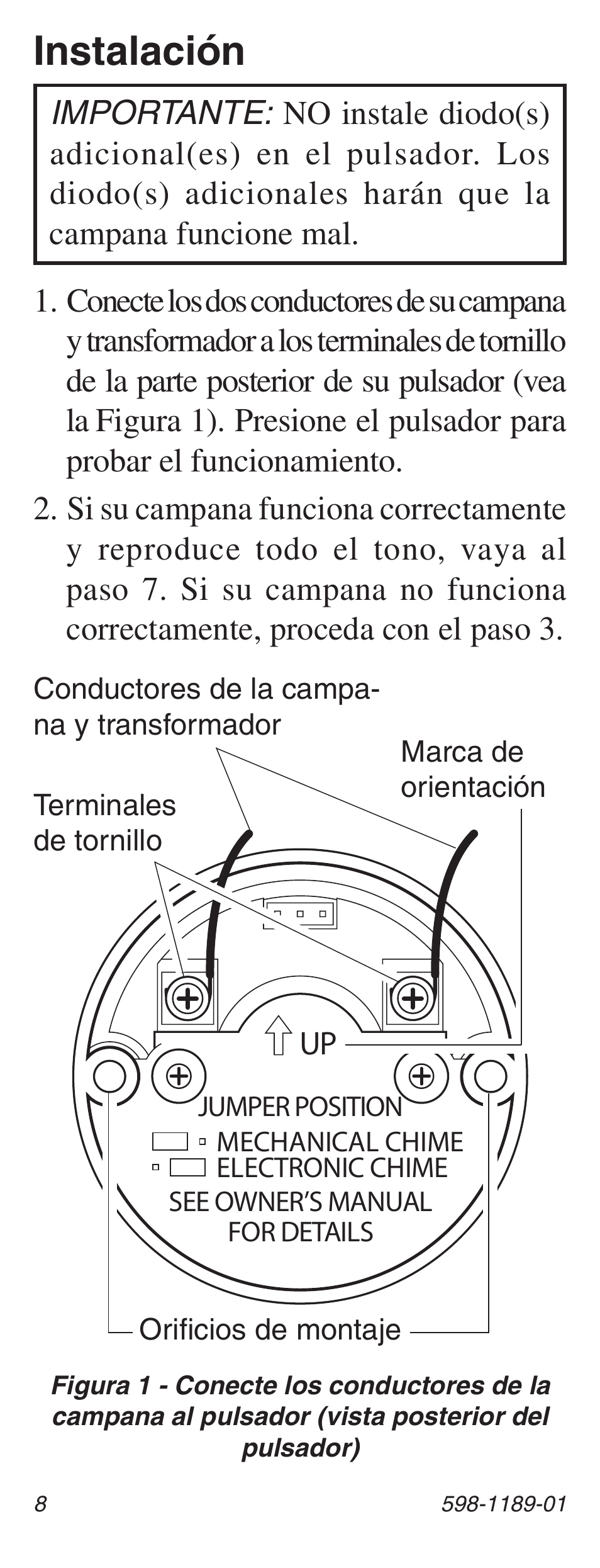Instalación | Heath Zenith LED Lighted Pushbutton with Courtesy Light 598-1189-01 User Manual | Page 8 / 20