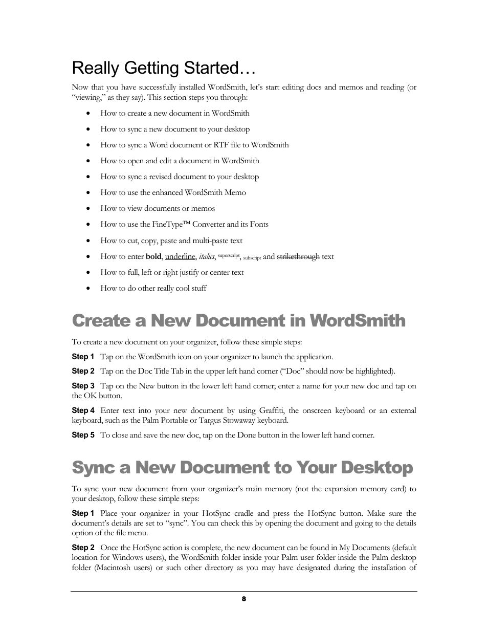 Create a new document in wordsmith, Sync a new document to your desktop, Reate a | Ocument in, Mith, Ync a, Ocument to, Esktop, Really getting started | Handmark 2.2 User Manual | Page 10 / 70
