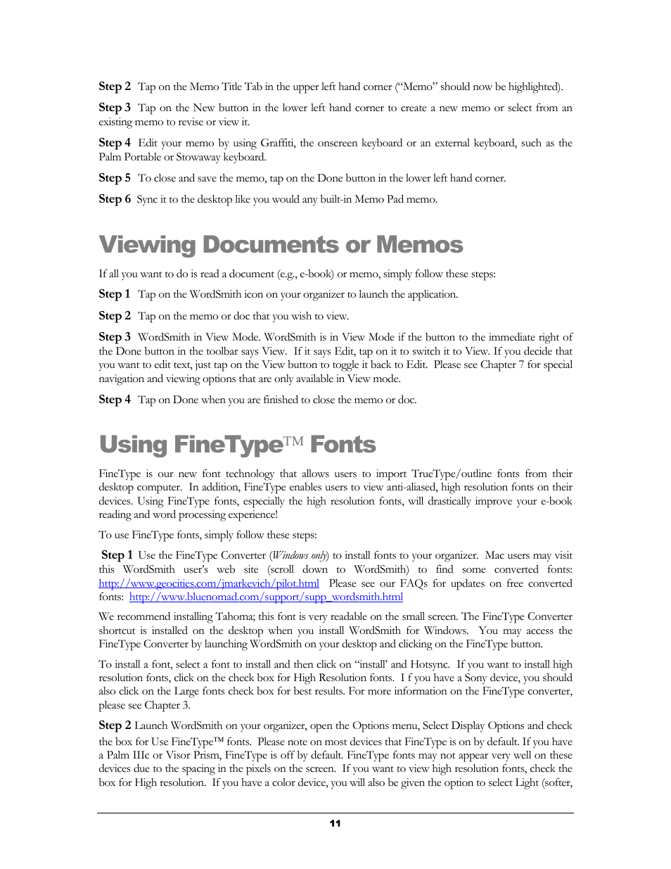 Viewing documents or memos, Using finetype( fonts, Iewing | Ocuments or, Emos, Sing, Onts, Using finetype fonts | Handmark 2.2 User Manual | Page 13 / 70