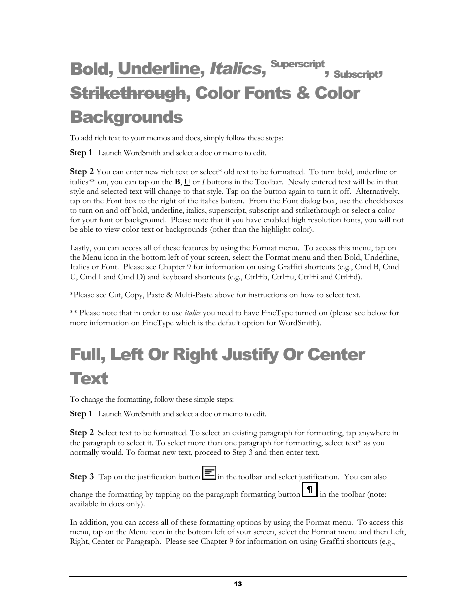 Full, left or right justify or center text, Nderline, Talics | Uperscript, Ubscript, Trikethrough, Olor, Onts, Ackgrounds, Ight | Handmark 2.2 User Manual | Page 15 / 70