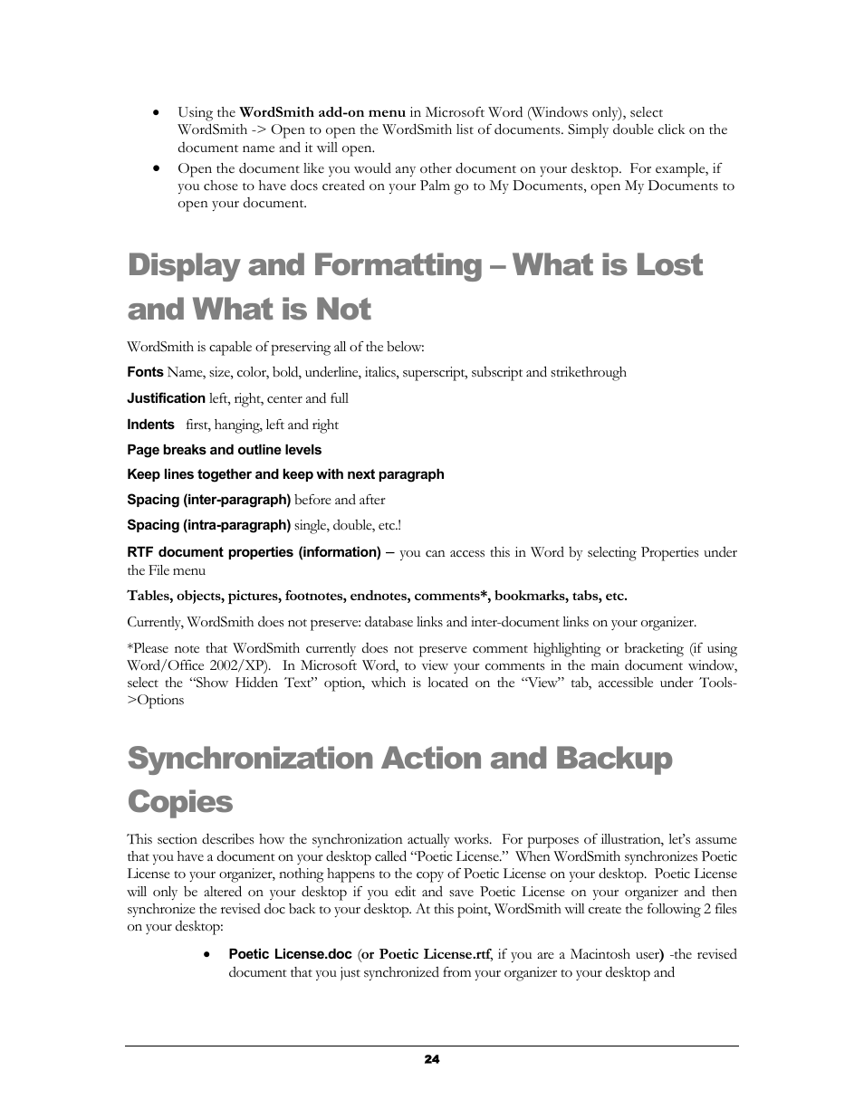 Display and formatting – what is lost and what is, Synchronization action and backup copies, Isplay and | Ormatting, Hat is, Ost and, Ynchronization, Ction and, Ackup, Opies | Handmark 2.2 User Manual | Page 26 / 70