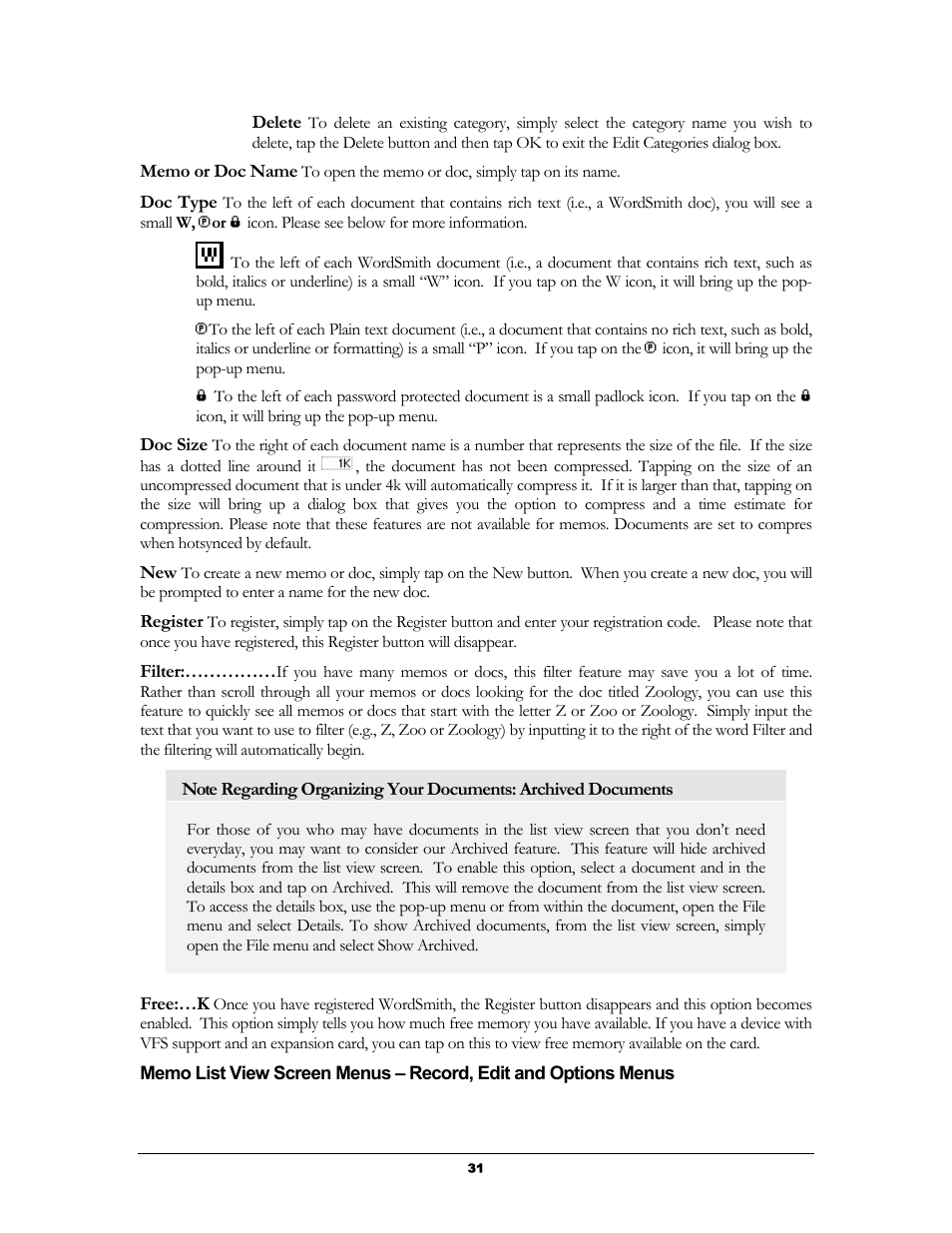 Memo list view screen menus – record, edit and op | Handmark 2.2 User Manual | Page 33 / 70