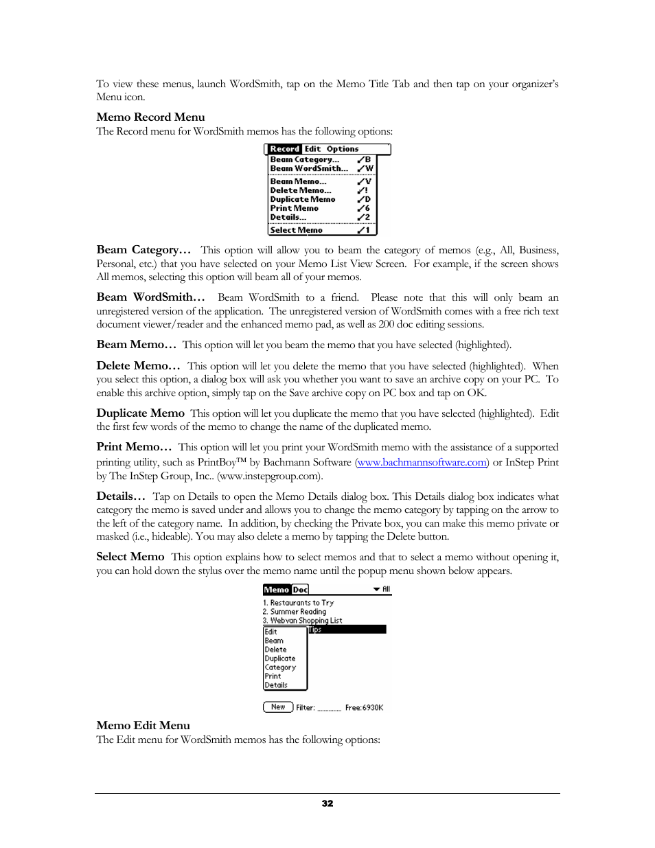 Memo record menu, Memo edit menu | Handmark 2.2 User Manual | Page 34 / 70