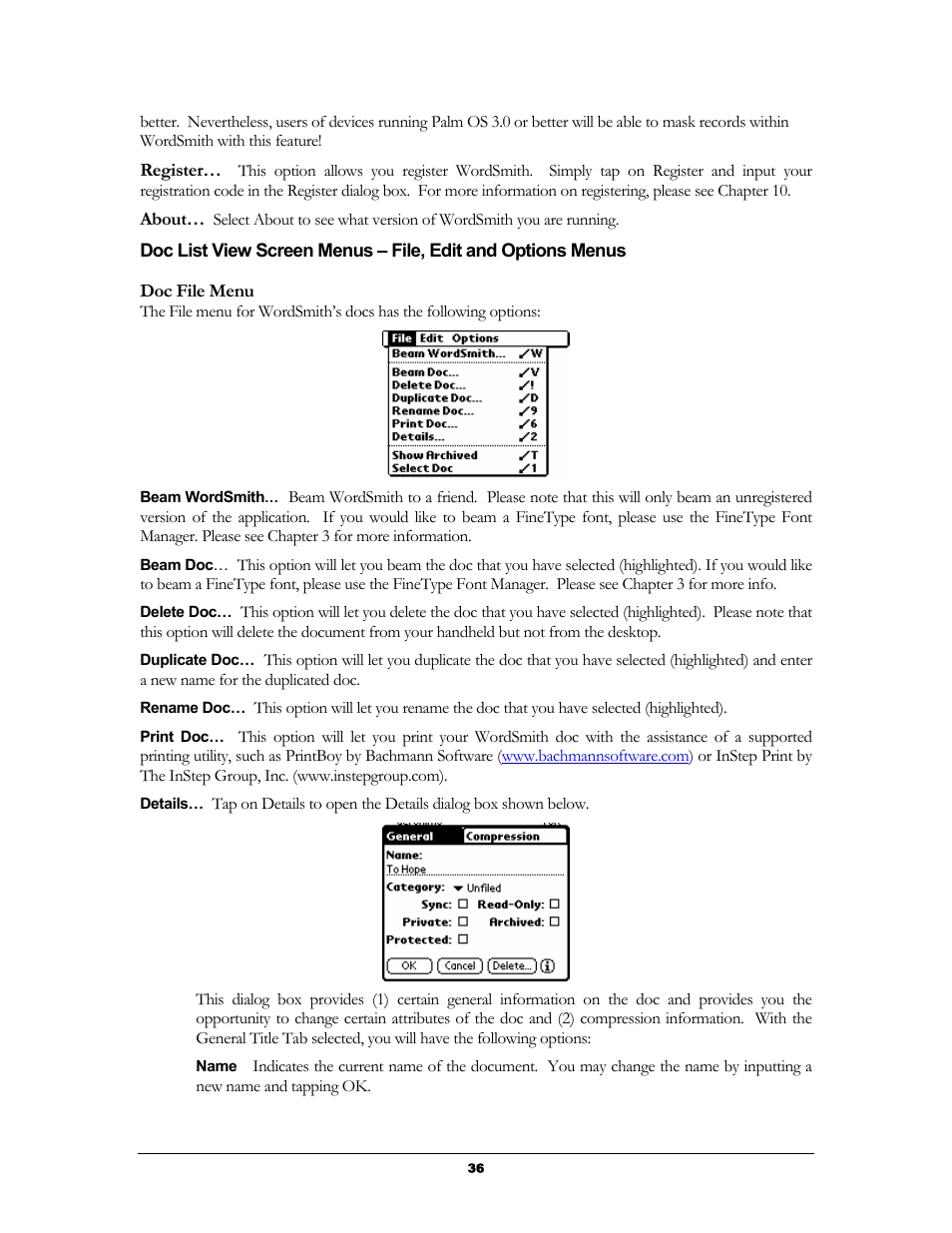 Doc list view screen menus – file, edit and optio, Doc file menu | Handmark 2.2 User Manual | Page 38 / 70