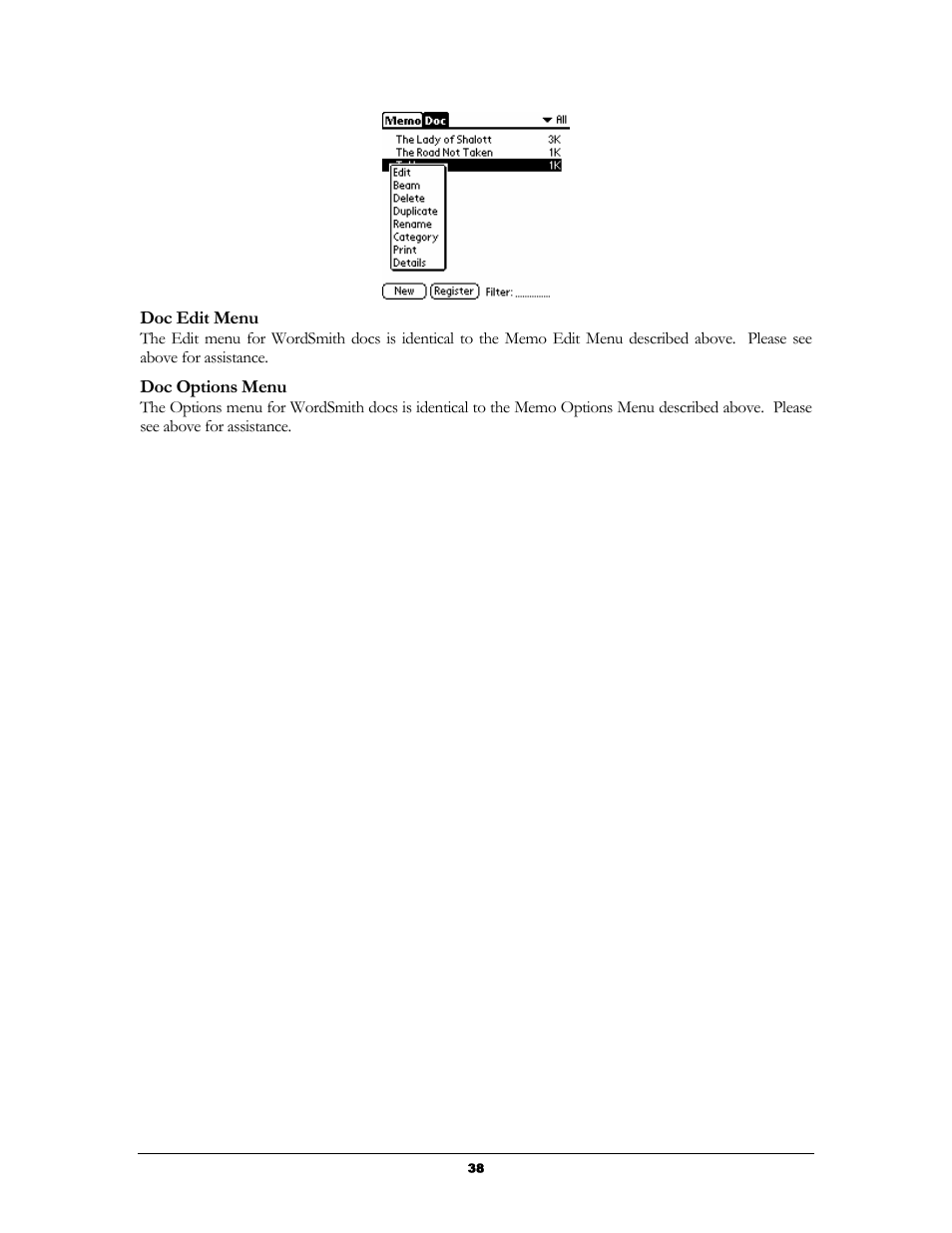 Doc edit menu, Doc options menu | Handmark 2.2 User Manual | Page 40 / 70