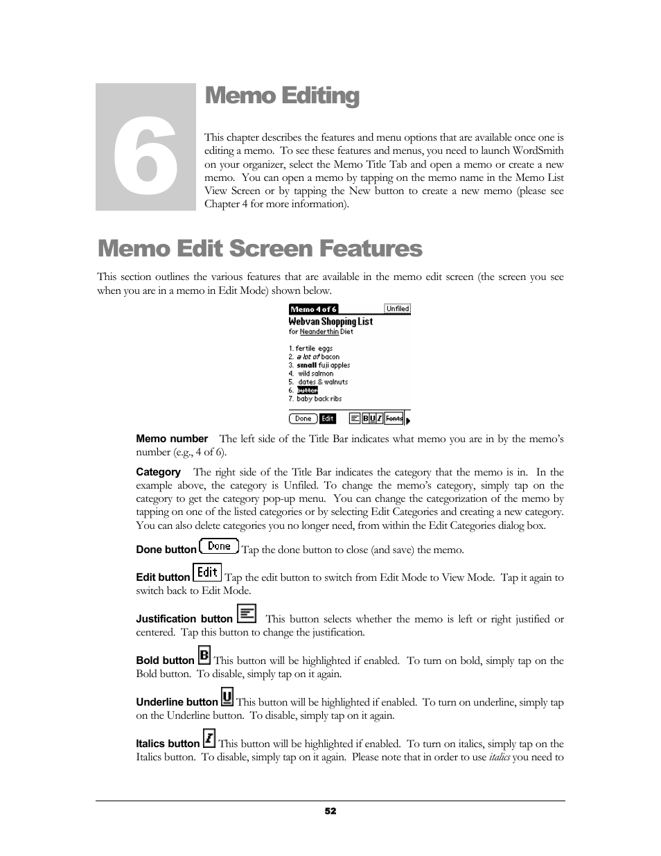 Memo edit screen features, Memo editing, Creen | Eatures, Emo editing, Chapter | Handmark 2.2 User Manual | Page 54 / 70