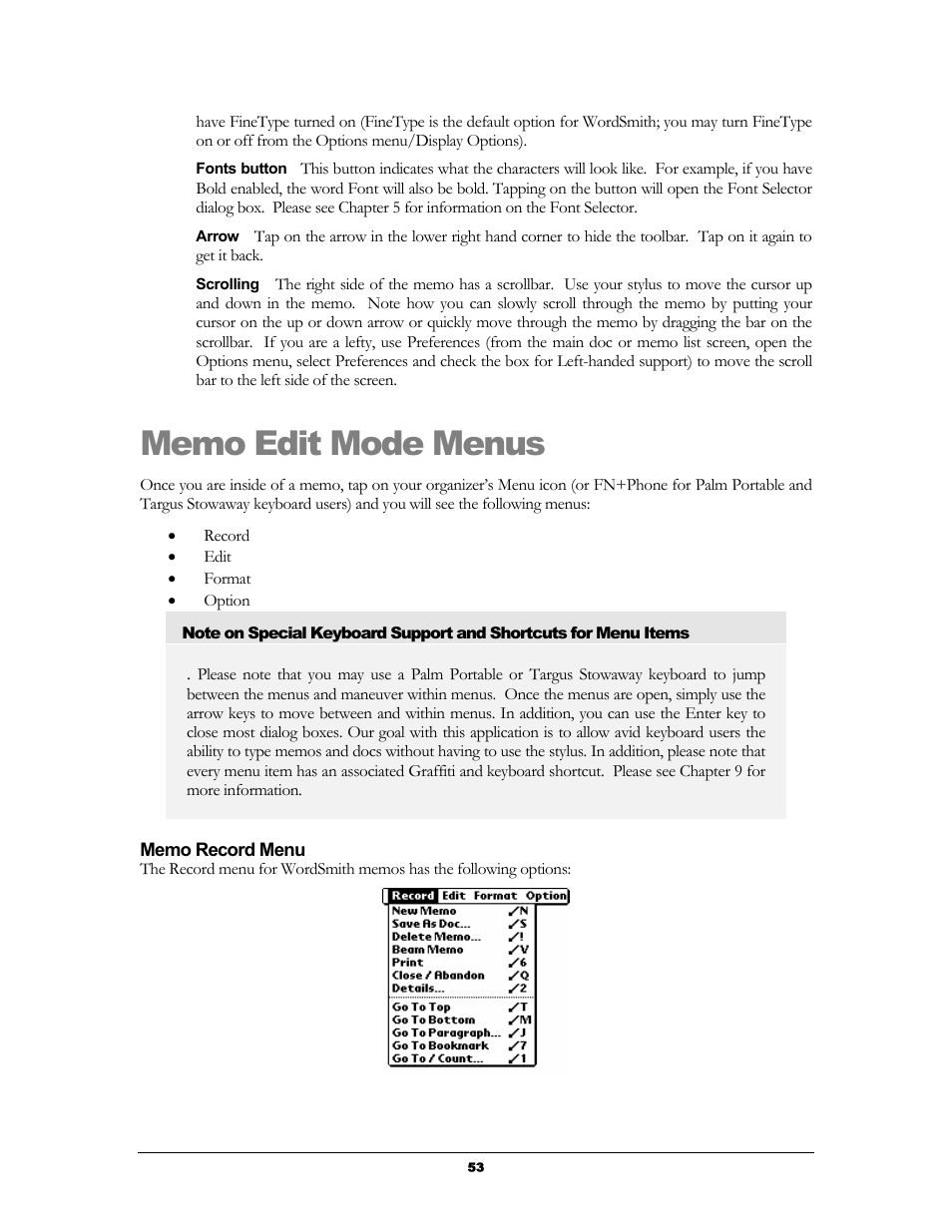 Memo edit mode menus, Memo record menu, Enus | Handmark 2.2 User Manual | Page 55 / 70