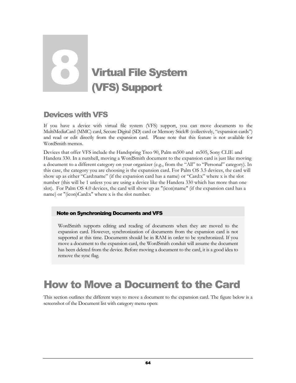 Devices with vfs, How to move a document to the card, Virtual file system (vfs) support | Evices with, Ow to, Ove a, Ocument to the | Handmark 2.2 User Manual | Page 66 / 70