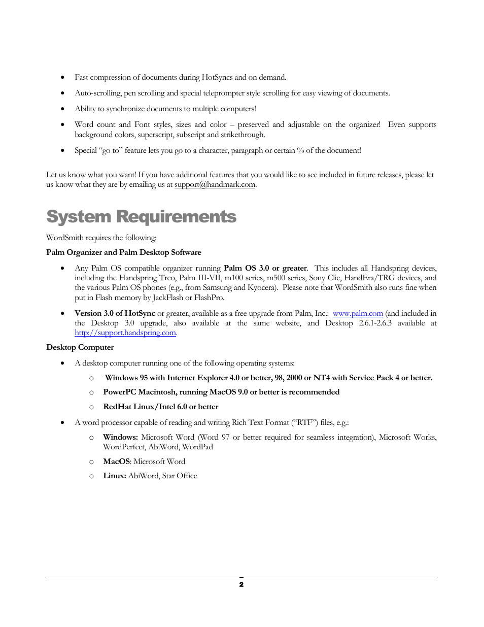 System requirements, Ystem, Equirements | Handmark 2.2 User Manual | Page 8 / 70