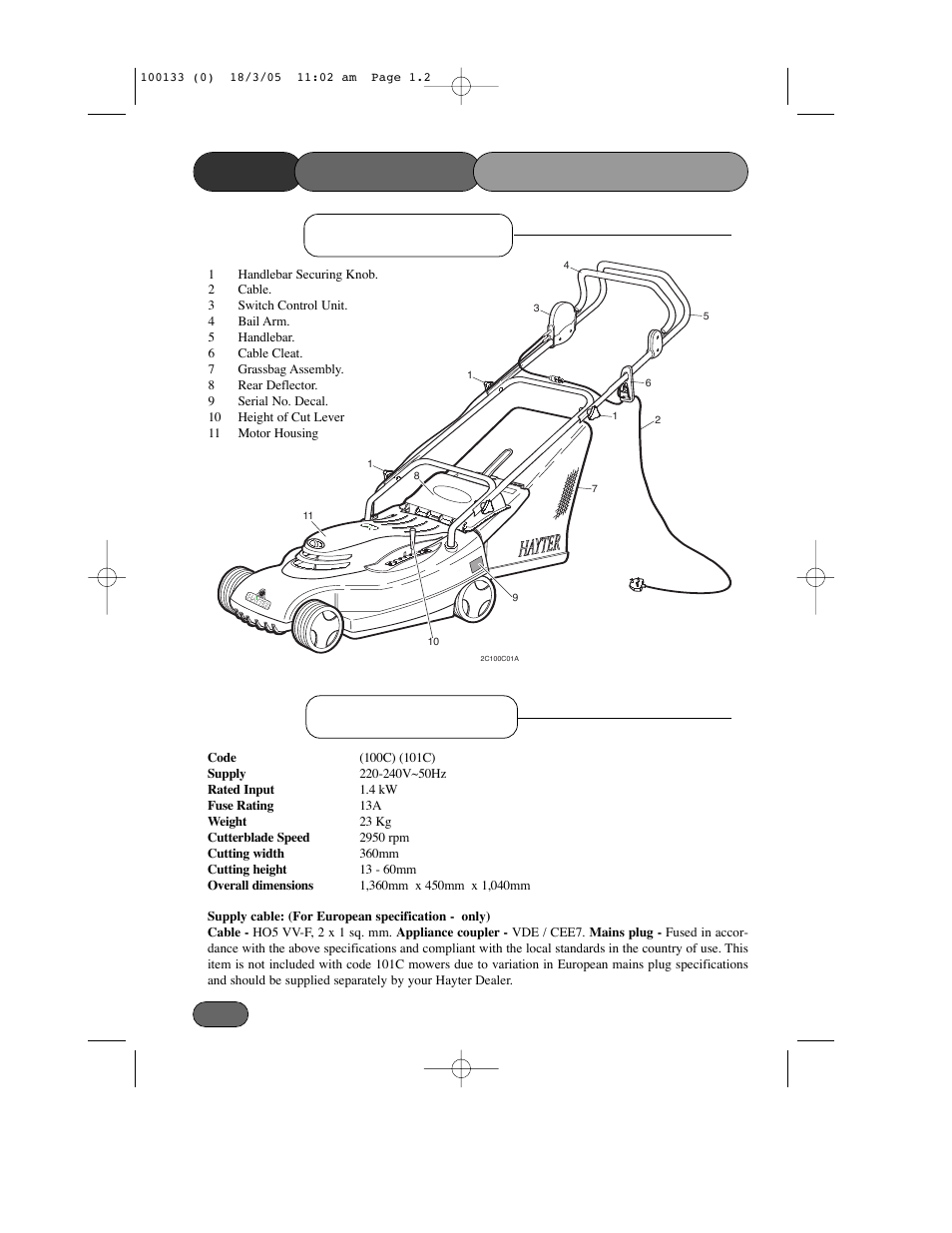 Main features /specifications, Specifications main features | Hayter Mowers Envoy Code 100C User Manual | Page 2 / 32