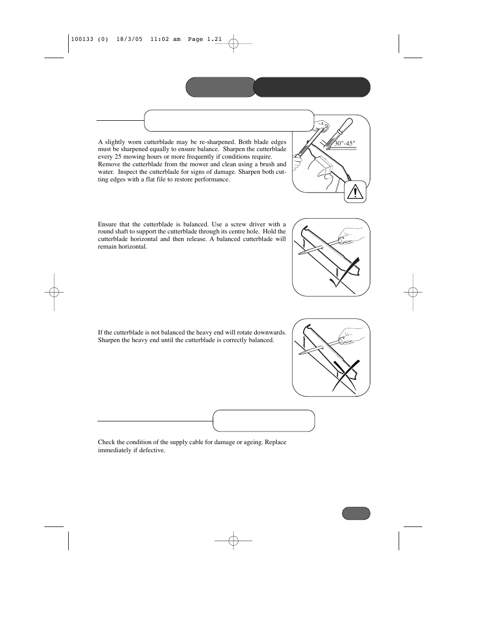 Cutterblade sharpening, Mower maintenance supply cable | Hayter Mowers Envoy Code 100C User Manual | Page 21 / 32