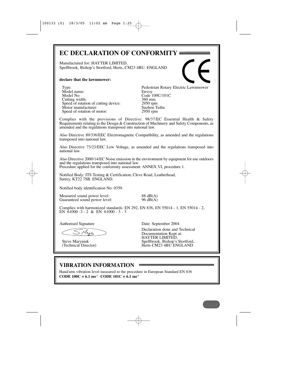 Ec declaration of conformity, Vibration information | Hayter Mowers Envoy Code 100C User Manual | Page 25 / 32