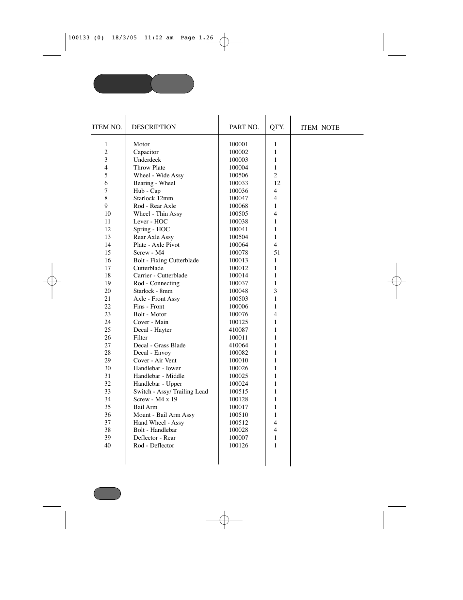 Parts list | Hayter Mowers Envoy Code 100C User Manual | Page 26 / 32