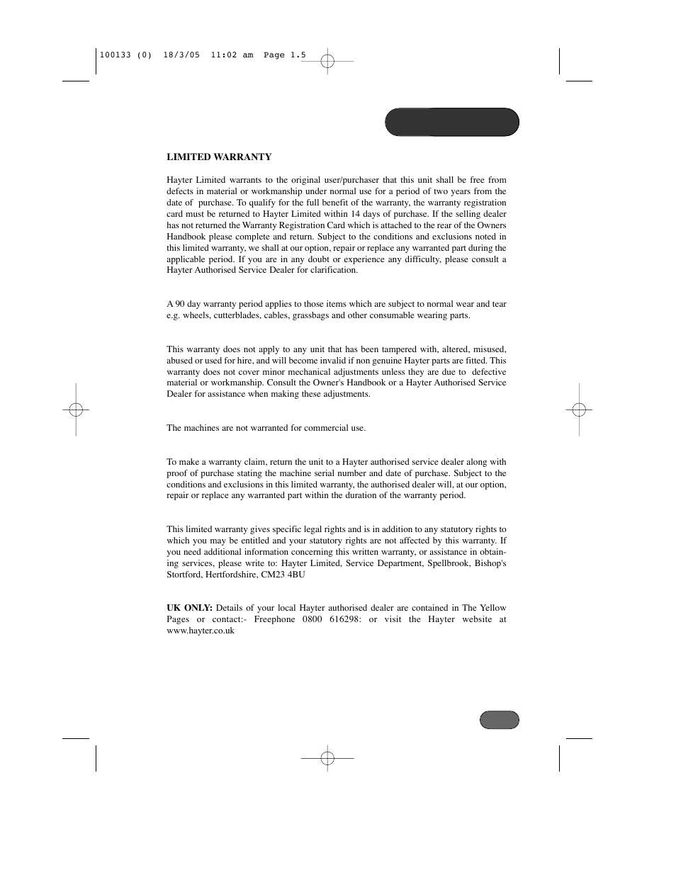 Warranty | Hayter Mowers Envoy Code 100C User Manual | Page 5 / 32