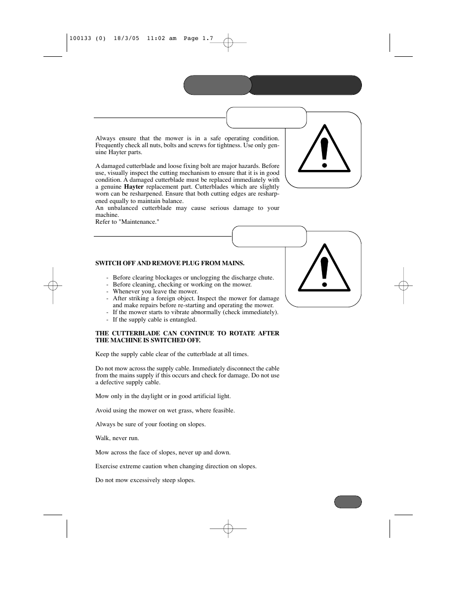 Precautions safety, Operation preparation | Hayter Mowers Envoy Code 100C User Manual | Page 7 / 32
