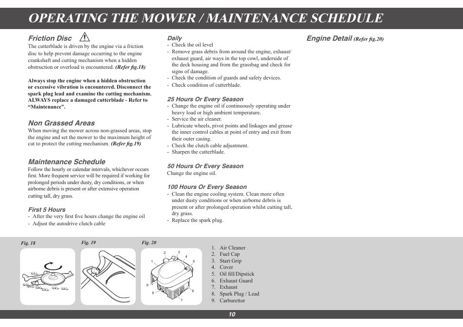 Operating the mower / maintenance schedule, Friction disc, Non grassed areas | Maintenance schedule, Engine detail | Hayter Mowers Harrier 48 491G User Manual | Page 10 / 20