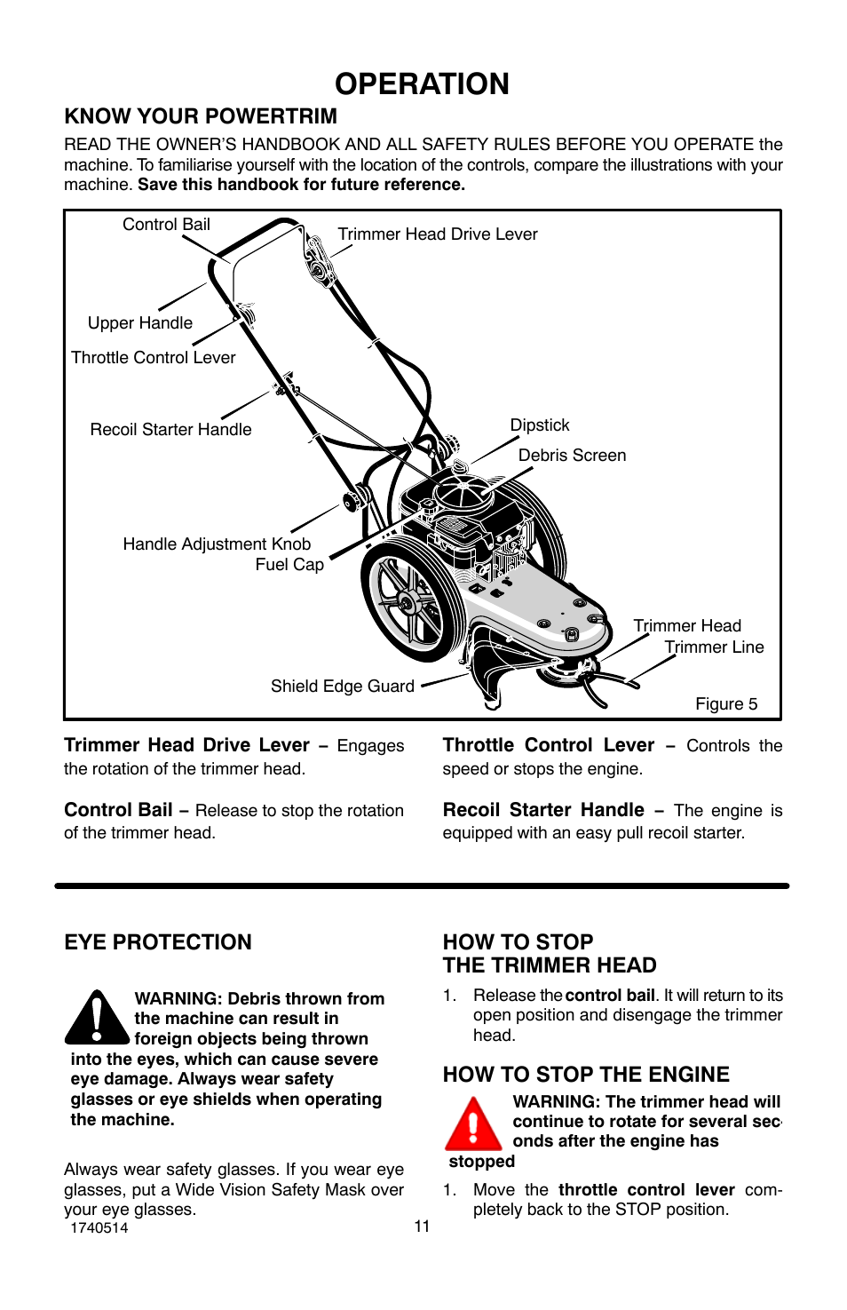 Operation, Know your powertrim, Eye protection | How to stop the trimmer head, How to stop the engine | Hayter Mowers Powertrim 111-1073 User Manual | Page 11 / 28