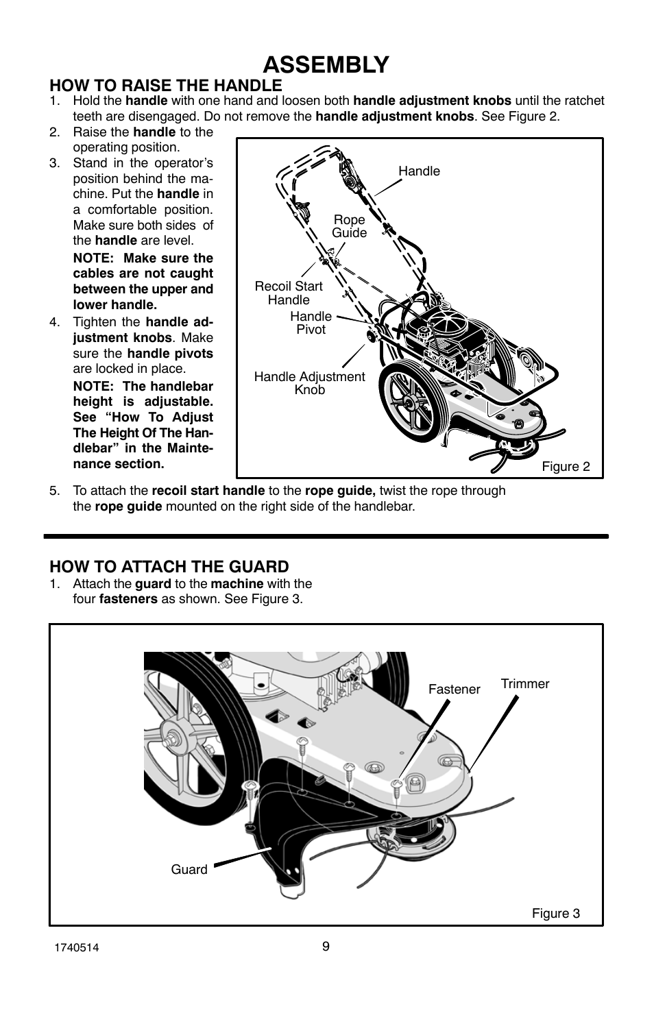 Assembly, How to raise the handle, How to attach the guard | Hayter Mowers Powertrim 111-1073 User Manual | Page 9 / 28