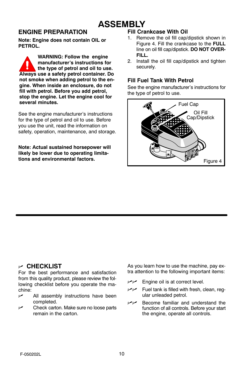 Assembly, Engine preparation, Checklist | Hayter Mowers Power Trim 401C001001 User Manual | Page 10 / 28