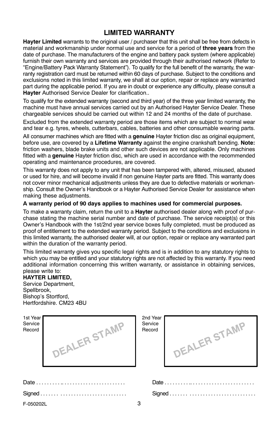 Limited warranty | Hayter Mowers Power Trim 401C001001 User Manual | Page 3 / 28