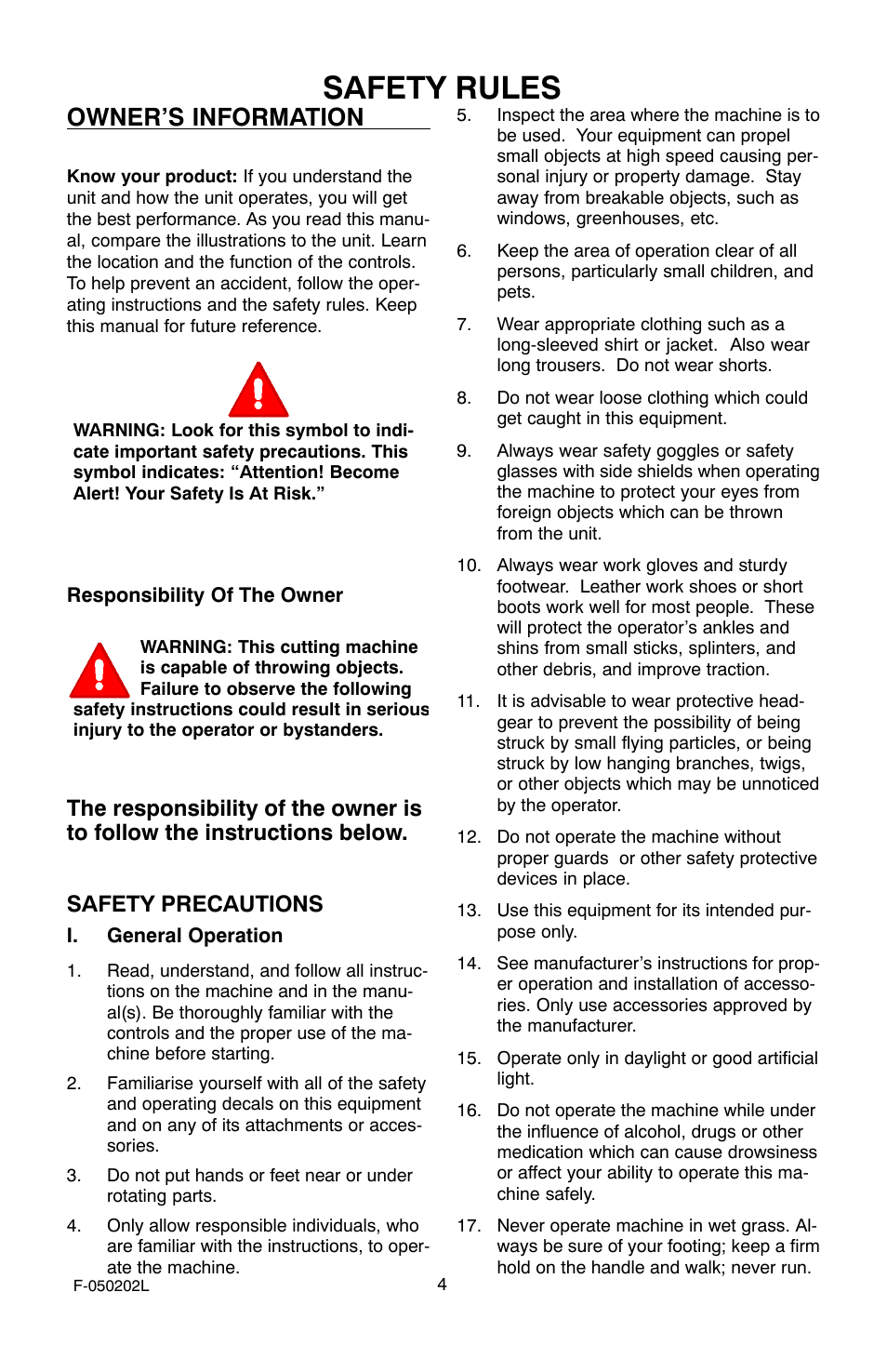 Safety rules, Owner’s information | Hayter Mowers Power Trim 401C001001 User Manual | Page 4 / 28