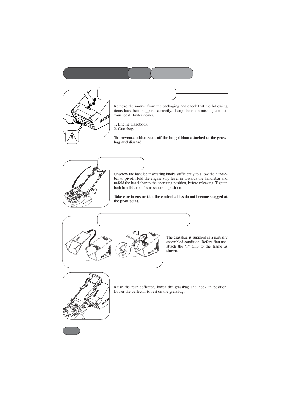Assembling the mower, Handlebar delivery checklist grassbag attachment | Hayter Mowers Harrier 56 BBC User Manual | Page 12 / 40