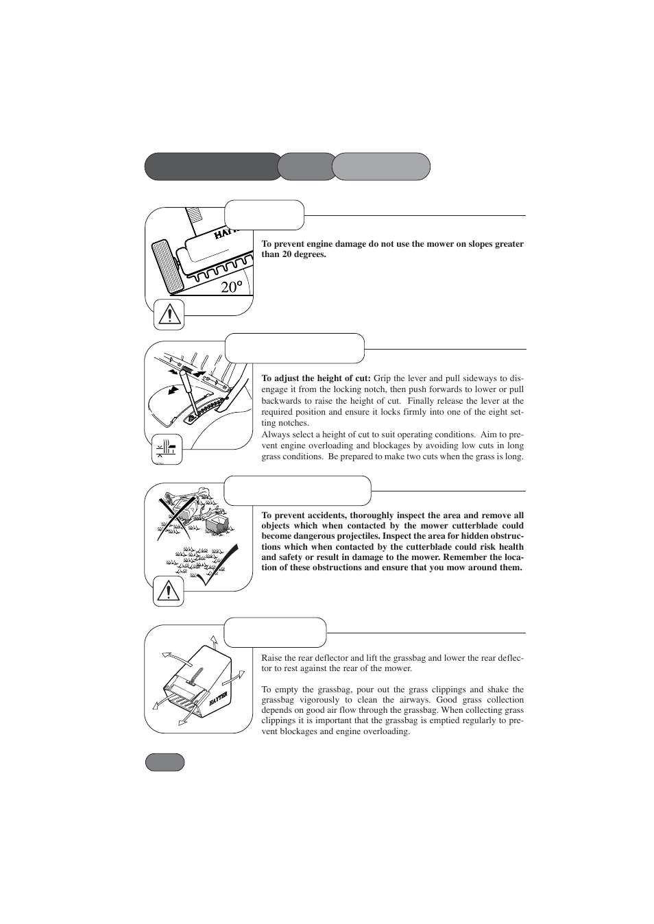 Height of cut before mowing, Grassbag operating the mower, Slopes | Hayter Mowers Harrier 56 BBC User Manual | Page 16 / 40