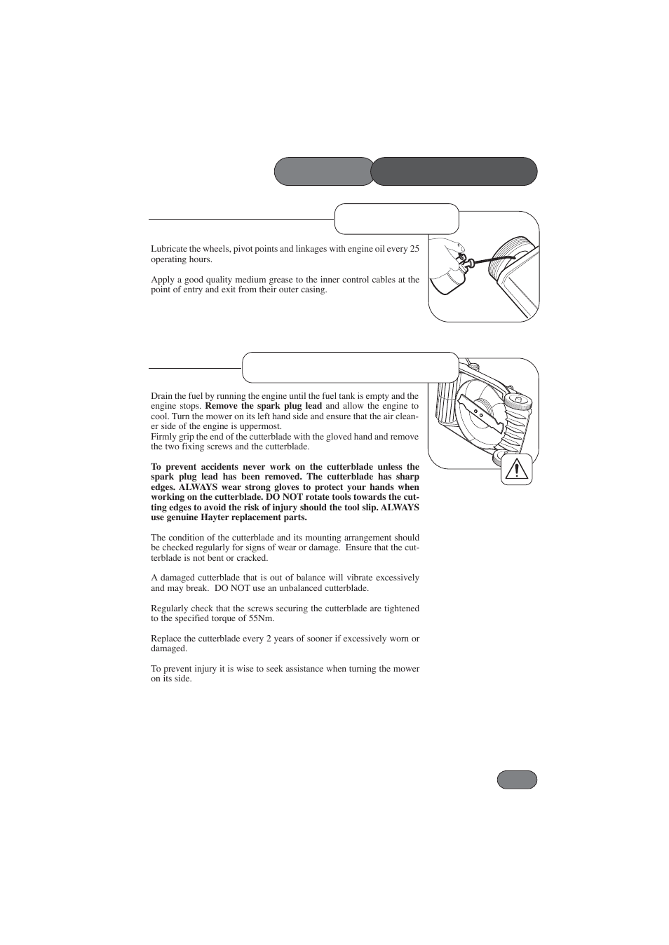 Lubrication mower maintenance, Cutterblade removal | Hayter Mowers Harrier 56 BBC User Manual | Page 25 / 40