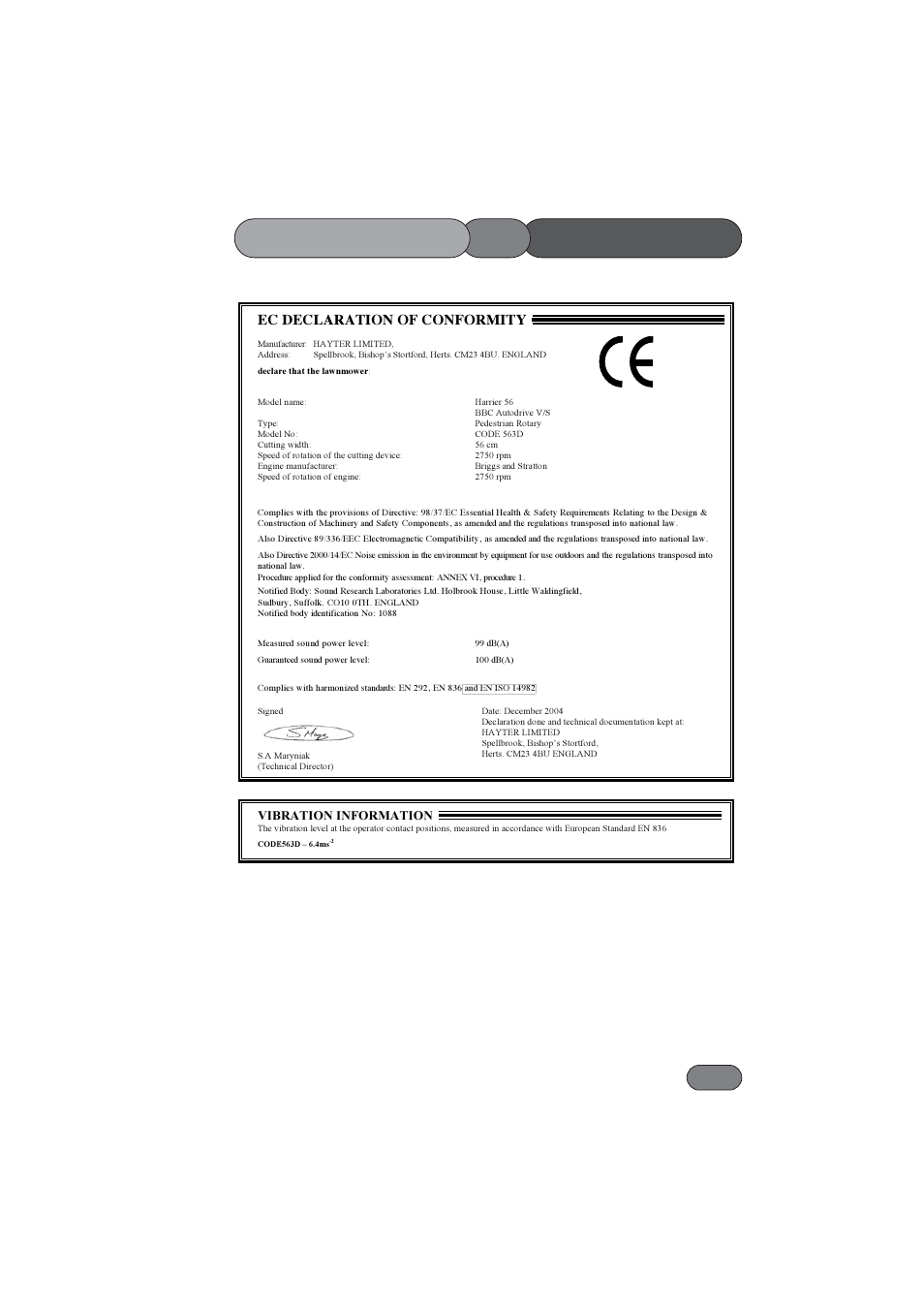 Conformity of declaration | Hayter Mowers Harrier 56 BBC User Manual | Page 31 / 40