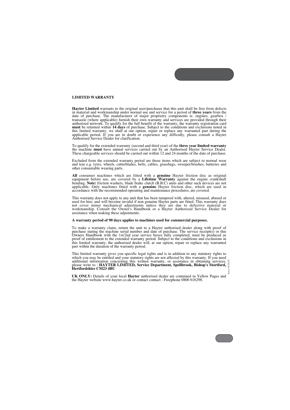 Warranty | Hayter Mowers Harrier 56 BBC User Manual | Page 7 / 40