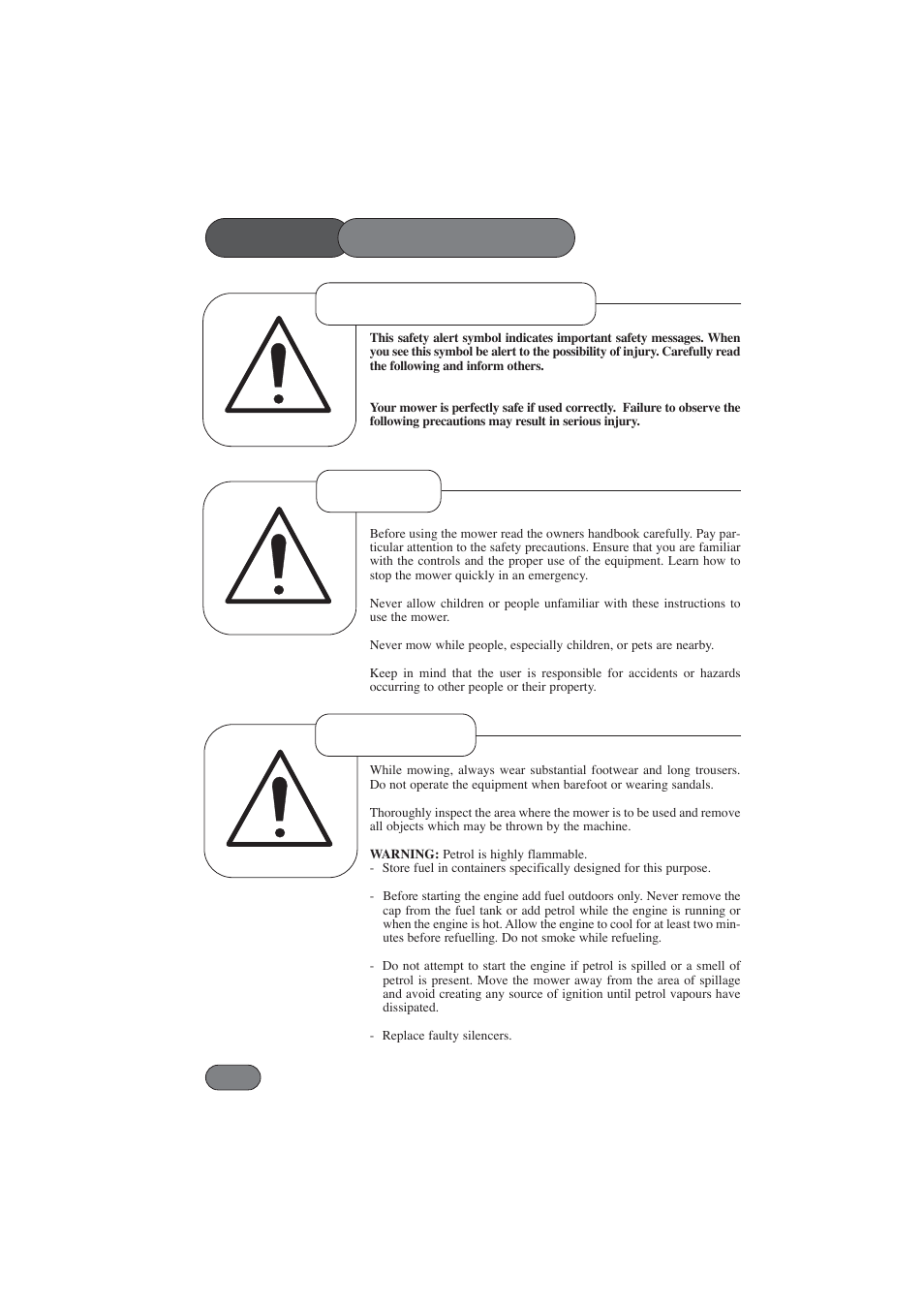 Safety precautions, Safety alert symbol preparation training | Hayter Mowers Harrier 56 BBC User Manual | Page 8 / 40