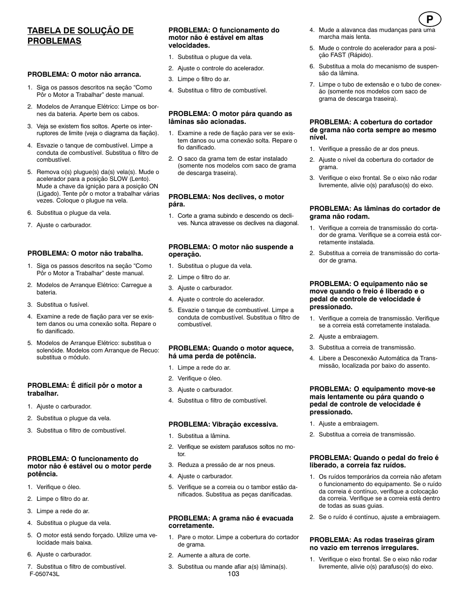 Tabela de solução de problemas | Hayter Mowers 405607x52A User Manual | Page 103 / 124