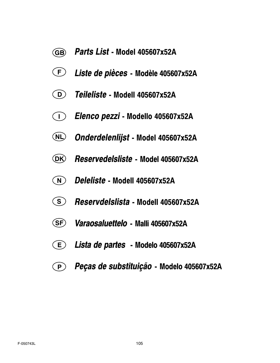 Parts list, Liste de pièces, Teileliste | Elenco pezzi, Onderdelenlijst, Reservedelsliste, Deleliste, Reservdelslista, Varaosaluettelo, Lista de partes | Hayter Mowers 405607x52A User Manual | Page 105 / 124