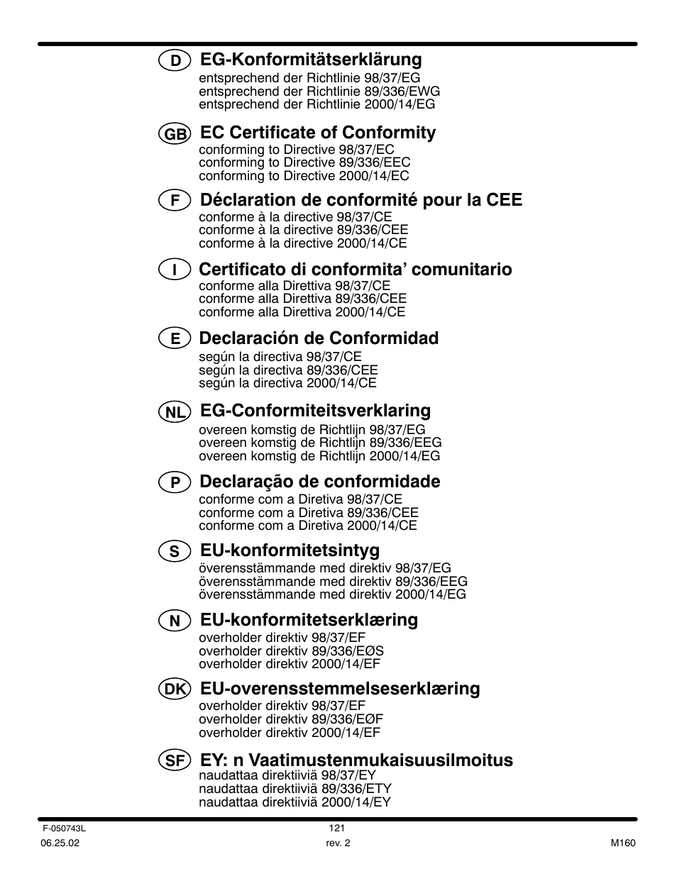 Eg-konformitätserklärung, Ec certificate of conformity, Déclaration de conformité pour la cee | Certificato di conformita’ comunitario, Declaración de conformidad, Eg-conformiteitsverklaring, Eu-konformitetsintyg, Eu-konformitetserklæring, Eu-overensstemmelseserklæring, Ey: n vaatimustenmukaisuusilmoitus | Hayter Mowers 405607x52A User Manual | Page 121 / 124