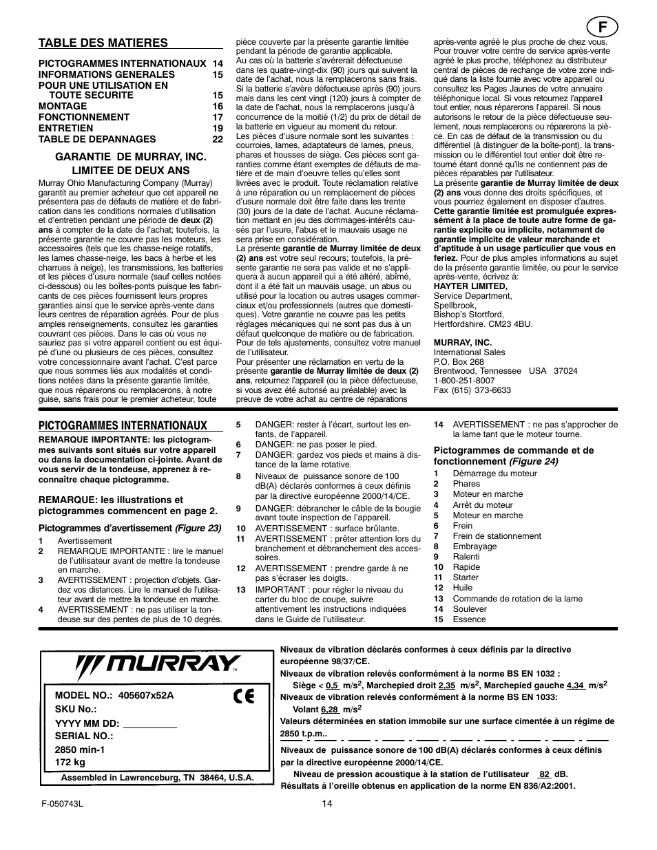 Table des matieres, Pictogrammes internationaux | Hayter Mowers 405607x52A User Manual | Page 14 / 124