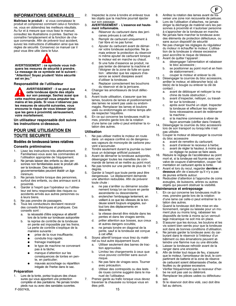 Informations generales, Pour une utilisation en toute securite | Hayter Mowers 405607x52A User Manual | Page 15 / 124