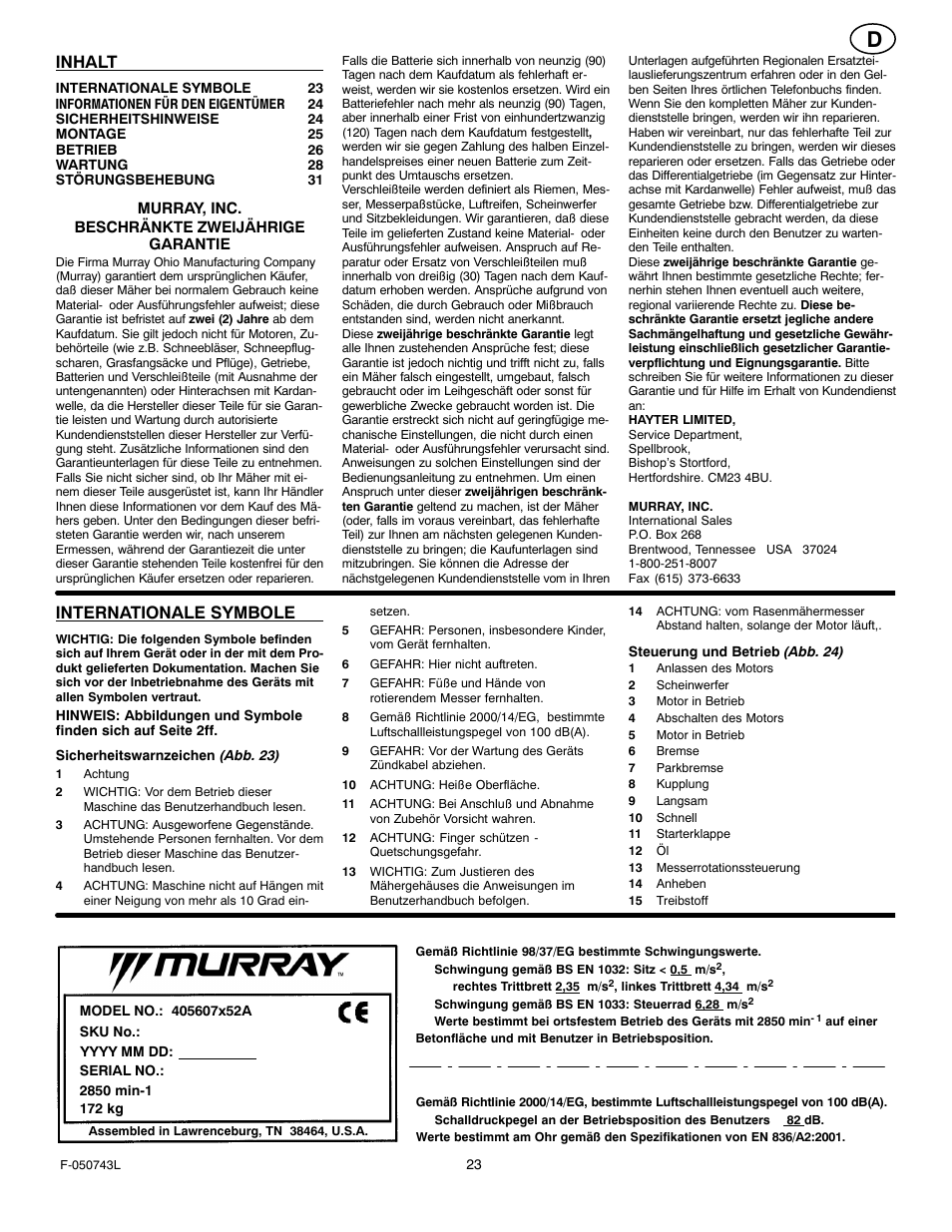 Inhalt, Internationale symbole | Hayter Mowers 405607x52A User Manual | Page 23 / 124