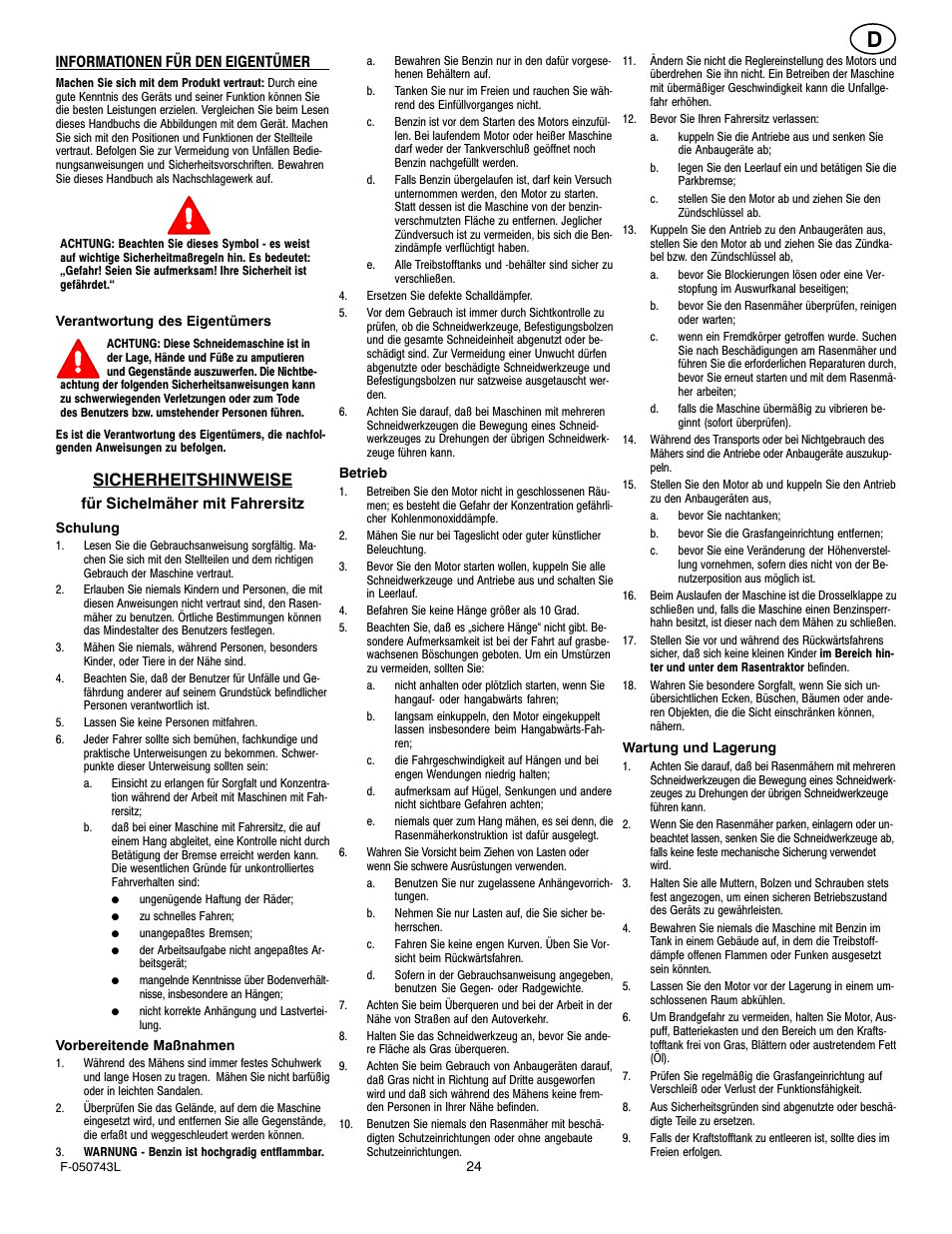 Sicherheitshinweise | Hayter Mowers 405607x52A User Manual | Page 24 / 124