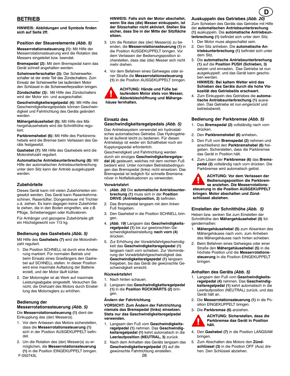 Betrieb | Hayter Mowers 405607x52A User Manual | Page 26 / 124