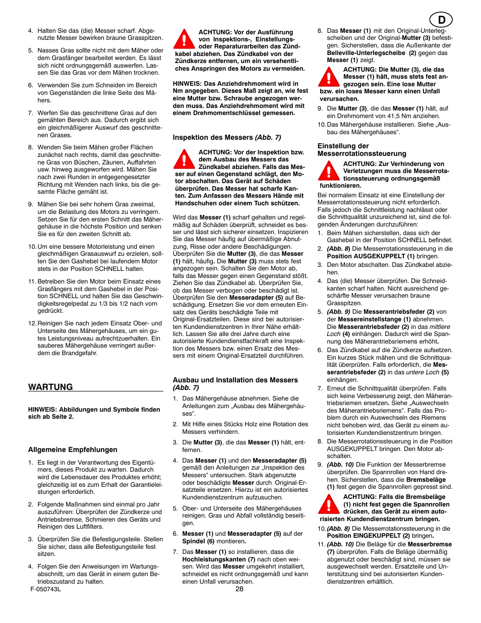 Wartung | Hayter Mowers 405607x52A User Manual | Page 28 / 124