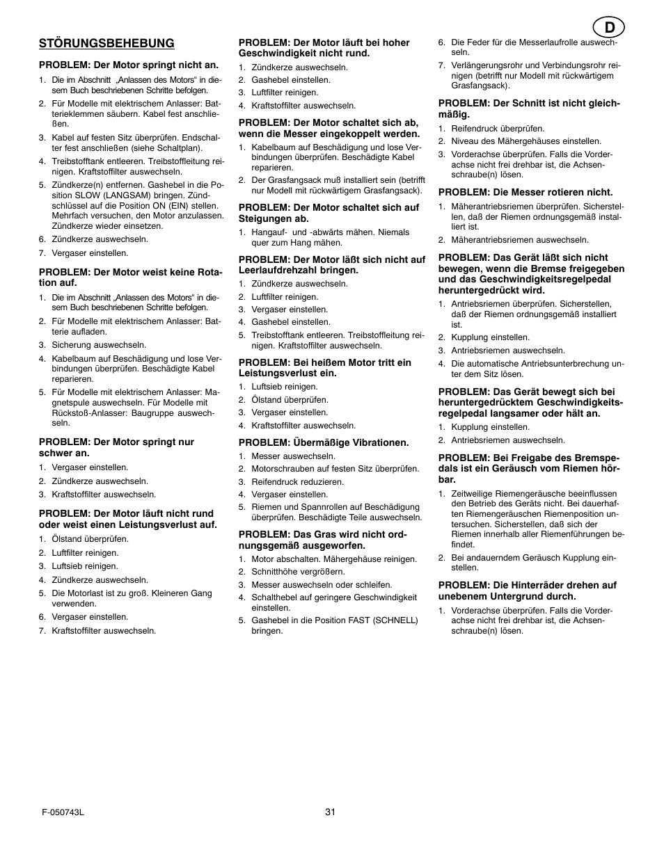 Störungsbehebung | Hayter Mowers 405607x52A User Manual | Page 31 / 124