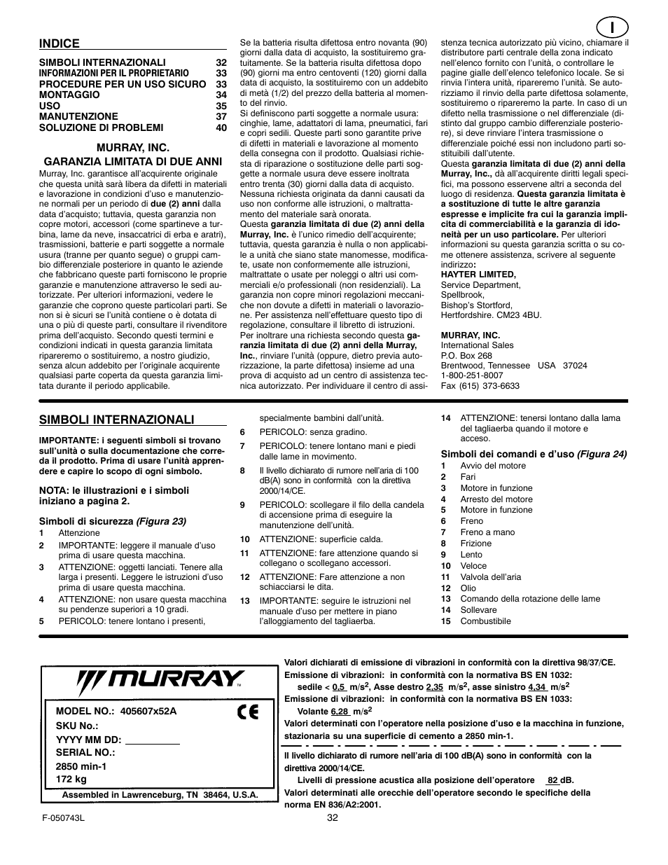 Indice, Simboli internazionali | Hayter Mowers 405607x52A User Manual | Page 32 / 124